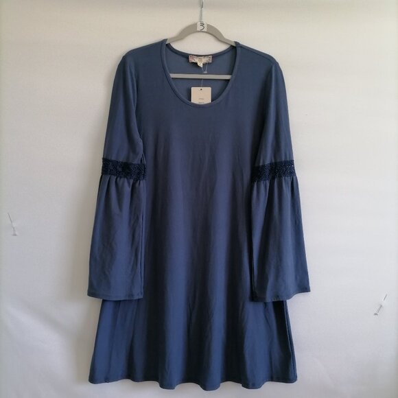 NWT Vintage Pink Rose Womens Blue Bell Sleeve Boho Tunic Mini Dress Size Large - Picture 1 of 7